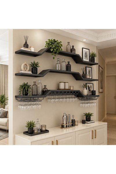MERZANA Duvara Monte Modüler Şarap Rafı, 3'lü Siyah Modern Duvar Bar Rafı – E...