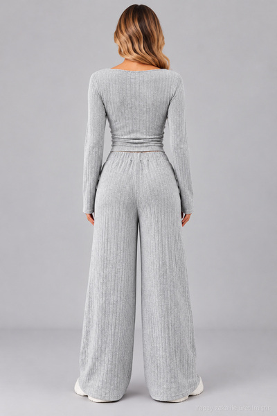 moda wanilia Kadın Uzun Kollu Tek Omuz Açık Balıkçı Yaka Belden Büzgülü Crop Kaşkorse Bluz ve Pantolon İkili Takım Günlük Şık Rahat Takım