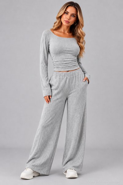 moda wanilia Kadın Uzun Kollu Tek Omuz Açık Balıkçı Yaka Belden Büzgülü Crop Kaşkorse Bluz ve Pantolon İkili Takım Günlük Şık Rahat Takım