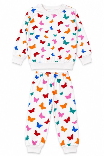 tusem butik homewear Girl's Cotton Cotton-Padded White Colorful Patterned Long Sleeve Winter Pajama Set