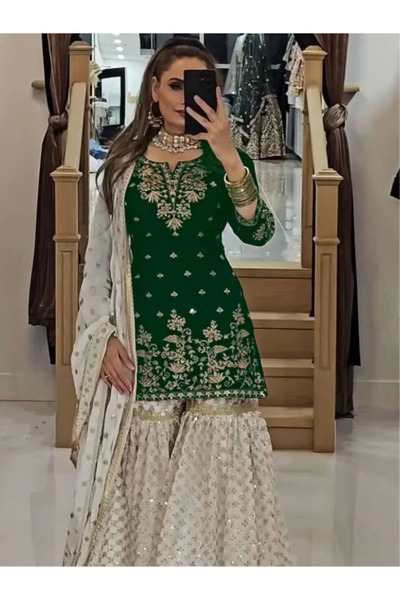 MYSMAR Green Faux Georgette Embroidered Sharara Suit Set with Dupatta - FFT10...
