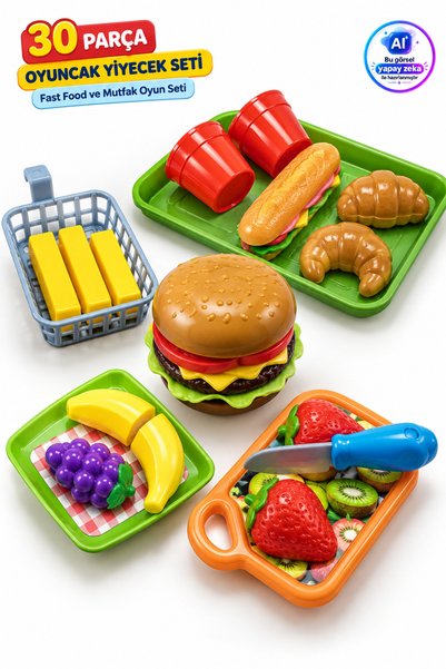 YILDIRIM OYUNCAK 30 Parça Oyuncak Fast Food Yiyecek Seti – Hamburger, Sandviç...