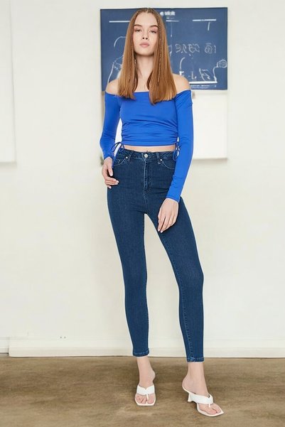 byhaziran butik بنطلون جينز نسائي مريح من الليكرا ذو أرجل ضيقة وخصر عالٍ بالل...