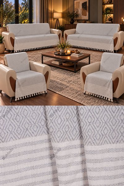 Bumedo Buldan Handmade Cotton Woven Sofa Bed Cover Set (3+3+1+1) Model Without Covering the Arms - 170X210 cm