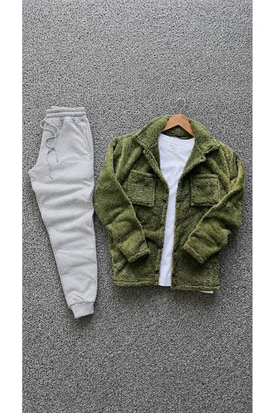 Fifty Color Buttoned Pocketed Plush Shirt Jacket and Jogger Sweatpants Set Co...