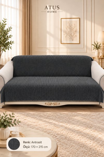 170x215 Kaymaz Tabanlı Premium Peluş Koltuk Örtüsü Şerit Desen Yumuşak Çekyat Kılıfı