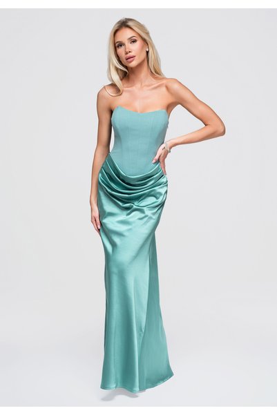 Larica Damen Maxi-Abendkleid, Trägerlos, Korsett-Oberteil, Satin-Finish, Salb...