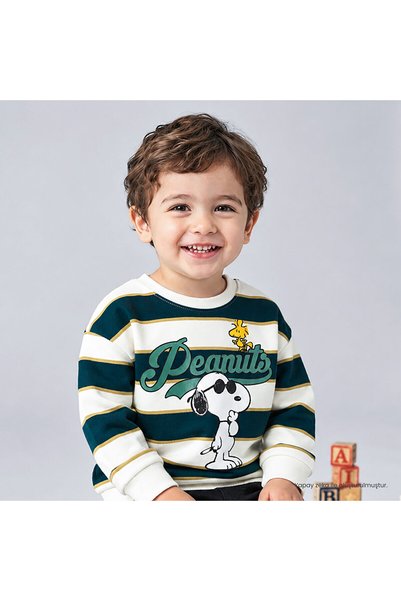 PEANUTS Erkek Bebek Lisans Sweatshirt Çizgili Bisiklet Yaka Long Sleeve