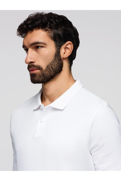 OMBRE Polo bărbătesc cu mânecă lungă, croială regulară, guler polo cu nasturi, bumbac pique, alb OM-POBL-0162