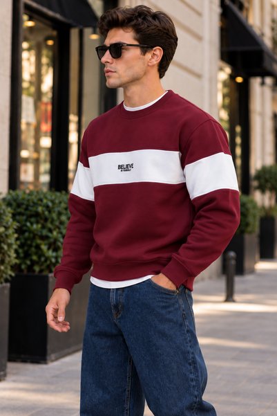 Tarz Cool Erkek Şerit Detaylı Believe Baskılı 3 İplik Şardonlu Bisiklet Yaka Sweatshirt