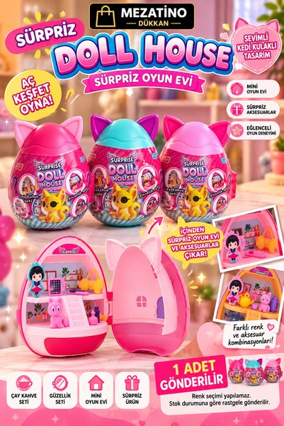 MEZATİNO Surprise Doll House Kedi Kulaklı Sürpriz Yumurta Oyuncak Ev Mini Beb...