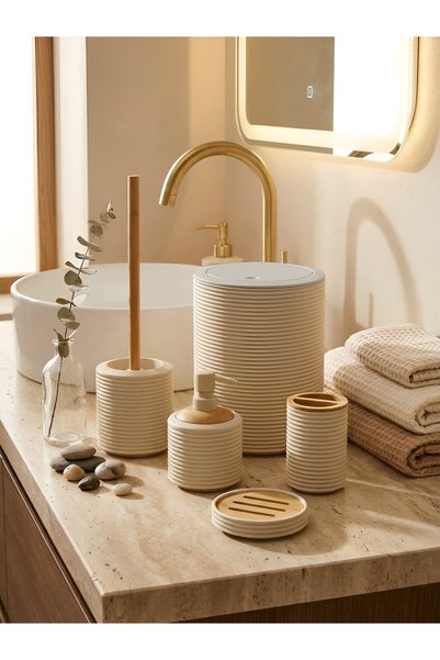 BOHEN Lüks Oluklu 5'li Banyo Seti Bambu-Akrilik Bej