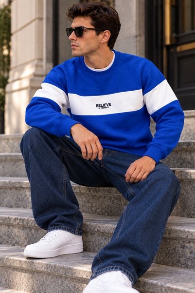 Tarz Cool Erkek Şerit Detaylı Believe Baskılı 3 İplik Şardonlu Bisiklet Yaka Sweatshirt