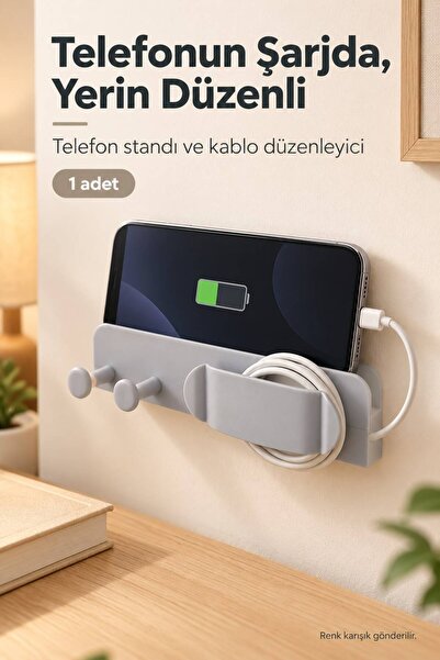 Evgereçlerim Kablo Düzenleyici ve Telefon Şarj Standı Delmeden Yapışkanlı Askılı Duvar Tipi