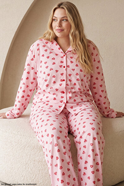 Siyah İnci Kırmızı Kalp Baskılı Büyük Beden Battal Boy Düğmeli Örme Pijama Takım 8090