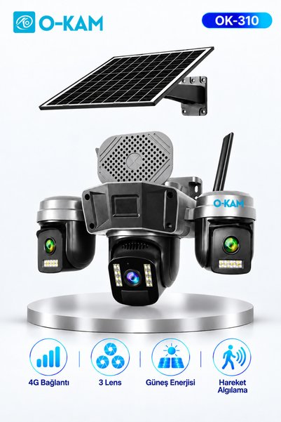 O-KAM OK-310 4G Destekli 3 Lensli Güneş Panelli Sirenli Güvenlik Kamerası