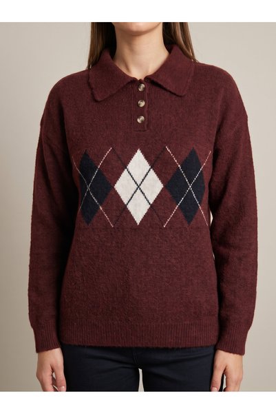AURRARİ Pulover tricotat pentru femei, culoare burgundy, cu guler polo și model baklava