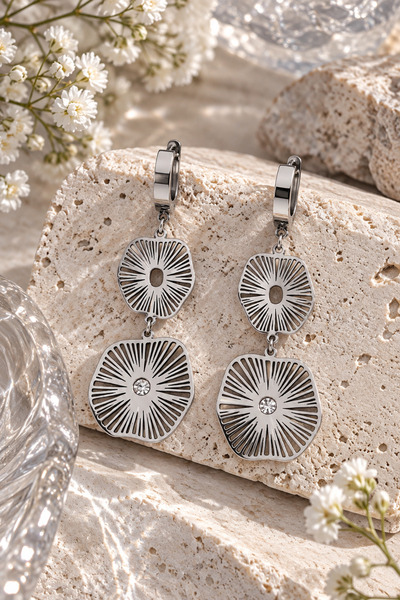 Sylvera Shop Openwork Floral Motif Long Dangle Steel Earrings (Silver Color)
