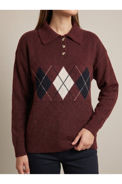 AURRARİ Pulover tricotat pentru femei, culoare burgundy, cu guler polo și model baklava
