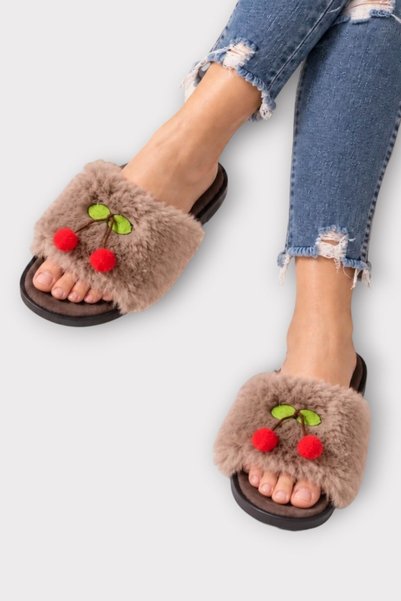 Jagulep Women's Warm Plush Cherry Detailed House Slippers Vi̇zon