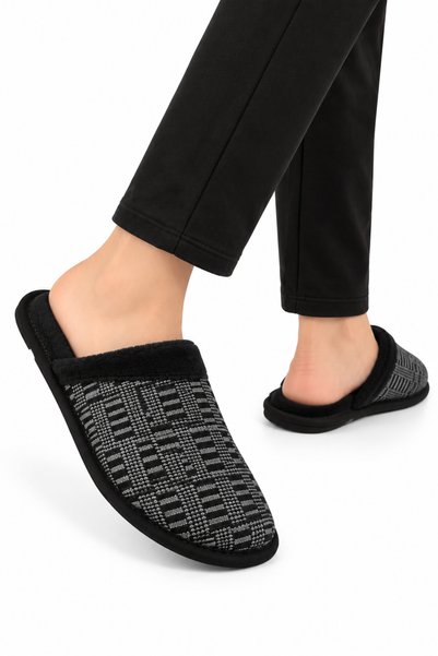 Jagulep Unisex Home Furry Non-Slip Sole Slippers Gray - Black