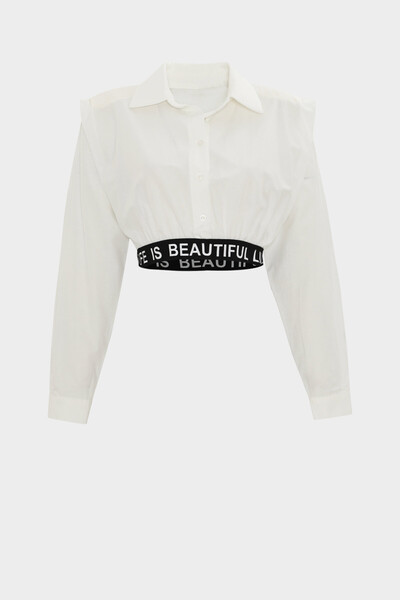 Açelya Okcu Slogan Detailed Padded Coton Crop Shirt