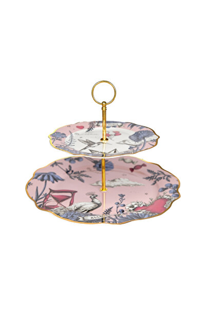 Baci Milano Allegria Pembe Desenli Porselen 2'li Katlı Kek Standı Ø 31 cm, H 22 cm