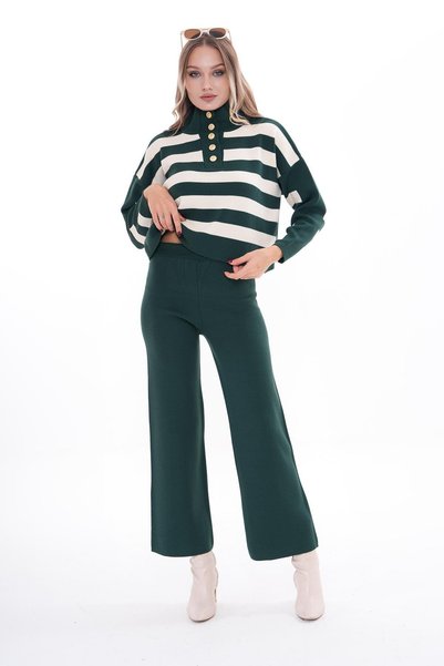 citycenterfashion Women's Stripe Detailed Trousers Knitwear Knitted Double Se...