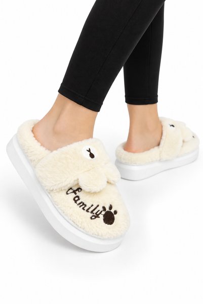 Jagulep Women's Warm Plush Button Detailed House Slippers White-Brown