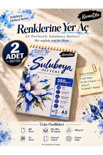KarmaOfis A5 Suluboya Defteri 350 gr Dokulu Kâğıt Tel Spiralli Perforeli 15 Yaprak 2 Adet