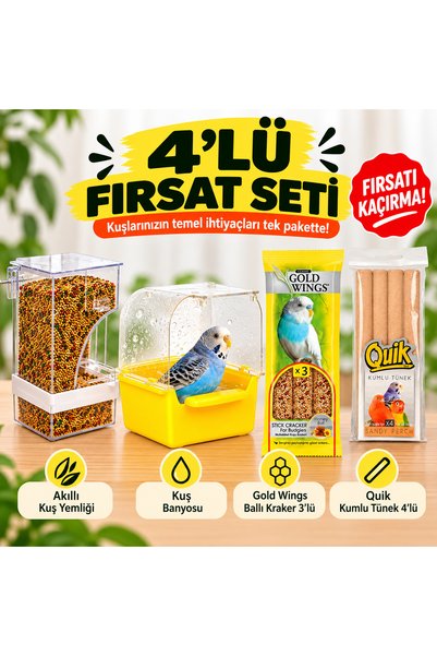 Quik MUHABBET KUŞU SETİ 4’LÜ| Akıllı Kuş Yemliği- Kuş Banyosu - Gold Wings Ba...