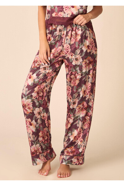 Pantaloni lungi de pijama Olimpia din satin de viscoză cu imprimeu floral, Roșu închis, S