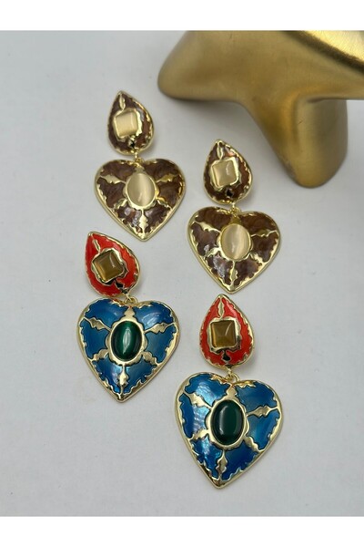 BYYEŞO Stone Detailed Heart Earrings (Steel) Blue