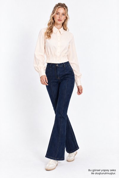 Exquise Yüksek Bel İspanyol Paça Slim Fit Denim Pantolon