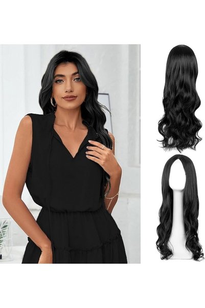 KASTWAVE Long Black Wave Wigs for Women Girls, 27'' Curly Synthetic Hair Wigs...
