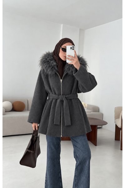 Hepsi Moda Yakası Tüylü Kaşe Kaban - 4774 - Antrasit