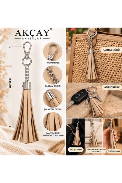 Akçay Aksesuar Breloc cu ciucuri din piele, ornament pentru geantă, breloc pentru chei