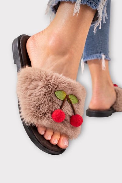 Jagulep Women's Warm Plush Cherry Detailed House Slippers Vi̇zon