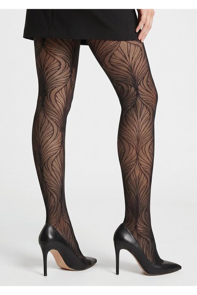 Marilyn Dresuri Allure I002 40 DEN cu linii ondulate în formă de evantai, inspirate de frunze și pene. Model pe toată lungimea piciorului, cusătură plată, talie elastică confortabilă și întărire invizibilă la vârf.