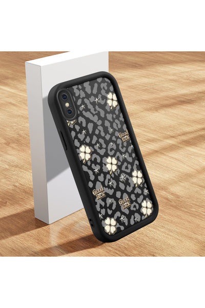 ucuc iPhone X/Xs Compatible Black Silicone Camera Protected Shock Absorbing Protective Case with Lucky Four-Leaf Clover Pattern