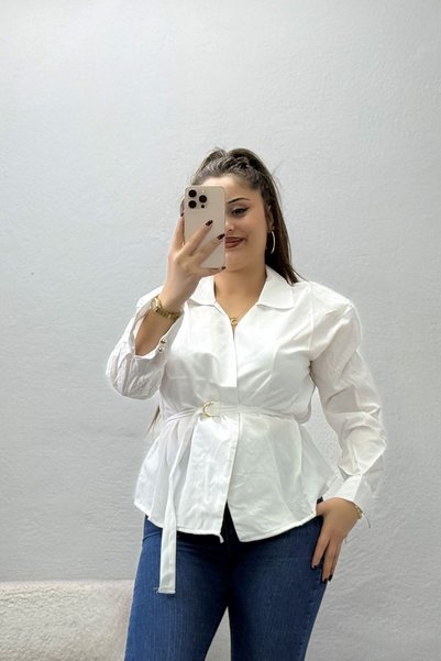 BELENDİR Women's Padded Belted Terry Cotton Shirt White