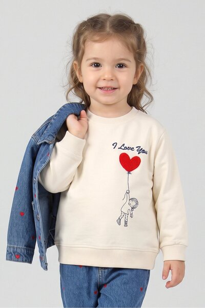 Dmb Kız Çocuk Kabartmalı Kalp Balon Figürlü Yumuşak Kumaş Uzun Kollu Sweatshirt