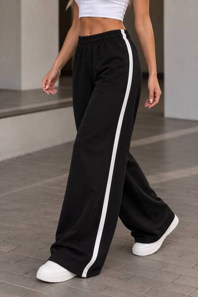 LOUİSA Women's Black Baggy Fit 2 Thread Ribbed Sweatpants with White Stripes