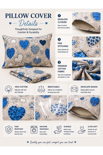 Generic MZDT 6-Piece Cotton Bedding Set – 100% Cotton, 125 GSM, 1 Fitted Sheet, 1 Duvet Cover & 4 Pillowcases, Soft, Breathable & Durable (Patchwork Heart Print, King)