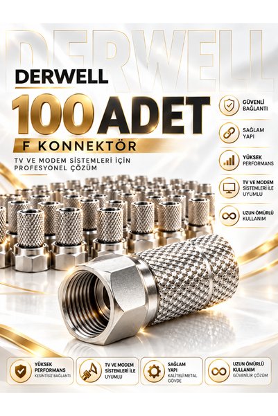 Derwell 100 Adet Contalı Premium F Konnektör TV Uydu Anten Kablosu ve Modem RG6 Sıkıştırmalı Vidalı Metal Konnektör Seti Yüksek Performanslı Kesintisiz Bağlantı Televizyon Hat Birleştirici Soket Fiş