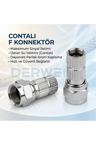 Derwell 100 Adet Contalı Premium F Konnektör TV Uydu Anten Kablosu ve Modem RG6 Sıkıştırmalı Vidalı Metal Konnektör Seti Yüksek Performanslı Kesintisiz Bağlantı Televizyon Hat Birleştirici Soket Fiş