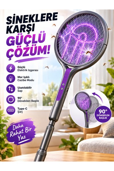 MATECHNO 2'si1 Arada Elektrikli Sinek Raketi Şarjlı Katlanabilir Teleskopik Uzatmalı Standlı Mor Işıklı Sinek Öldürücü Kovucu