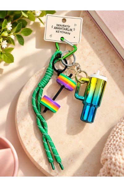 Dörtel Tedarik Sports Themed Keychain with Dumbbell and Thermos Figures, Deco...