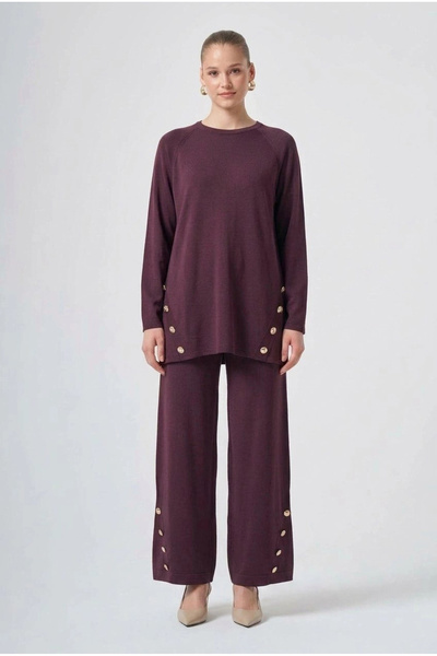 Nuss 706 Front Cross Button Detail Trouser Suit Burgundy