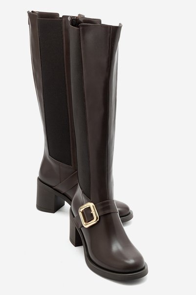 LuviShoes South Brown Rubber Detailed Buckle Women's Thick Heeled Boots